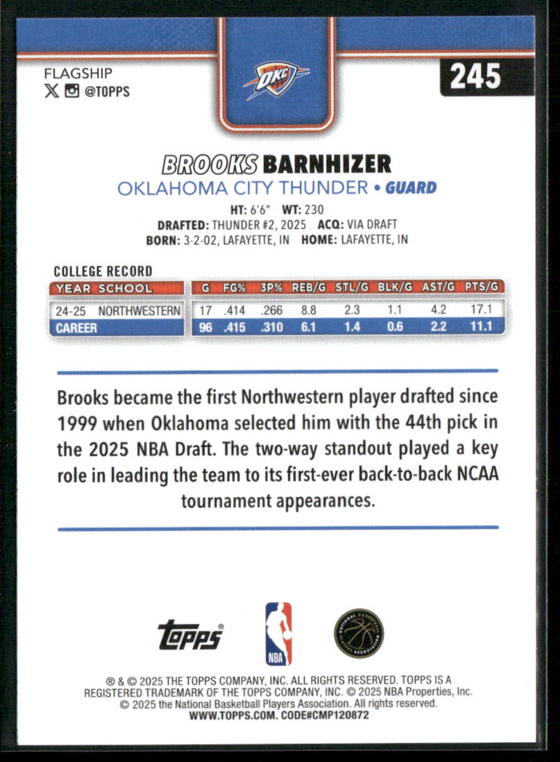 Brooks Barnhizer 2025-26 Topps #245 RC Oklahoma City Thunder back