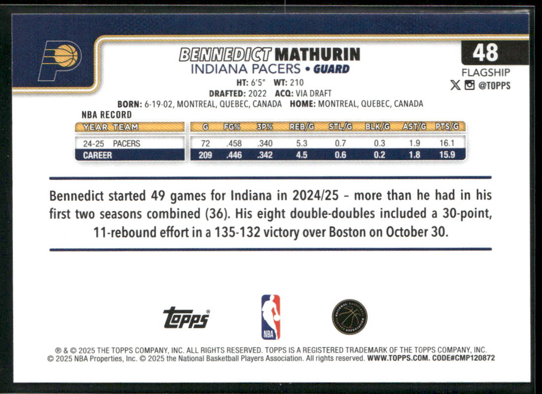 Bennedict Mathurin 2025-26 Topps #48 Indiana Pacers back