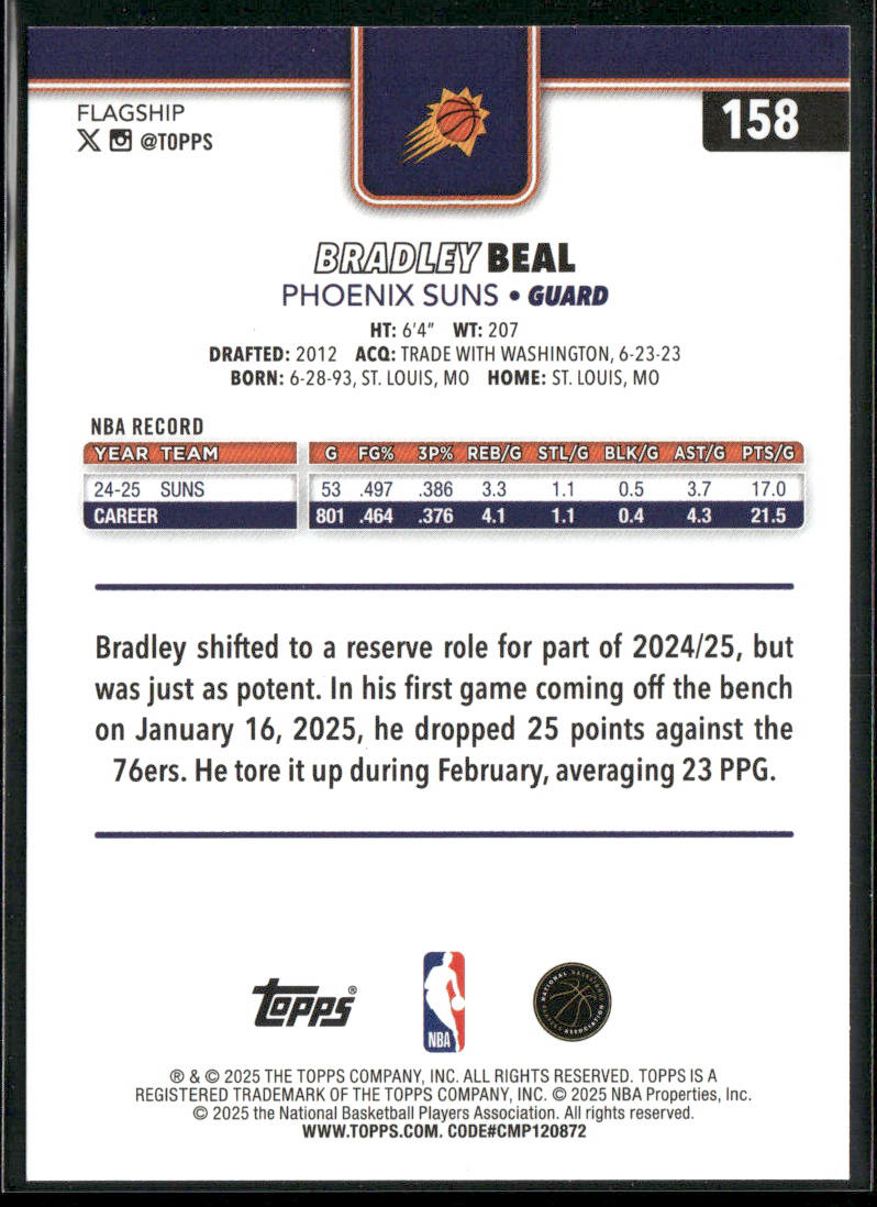 Bradley Beal 2025-26 Topps #158 Phoenix Suns back