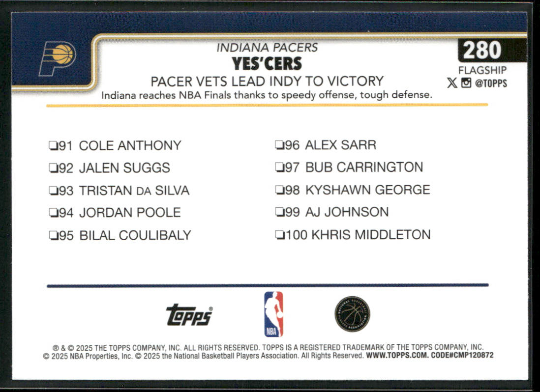 Yes'Cers: Pacer Vets Lead Indy To Victory 2025-26 Topps #280 Indiana Pacers back