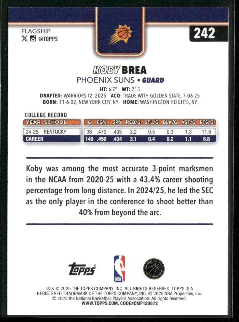 Koby Brea 2025-26 Topps #242 RC Phoenix Suns back