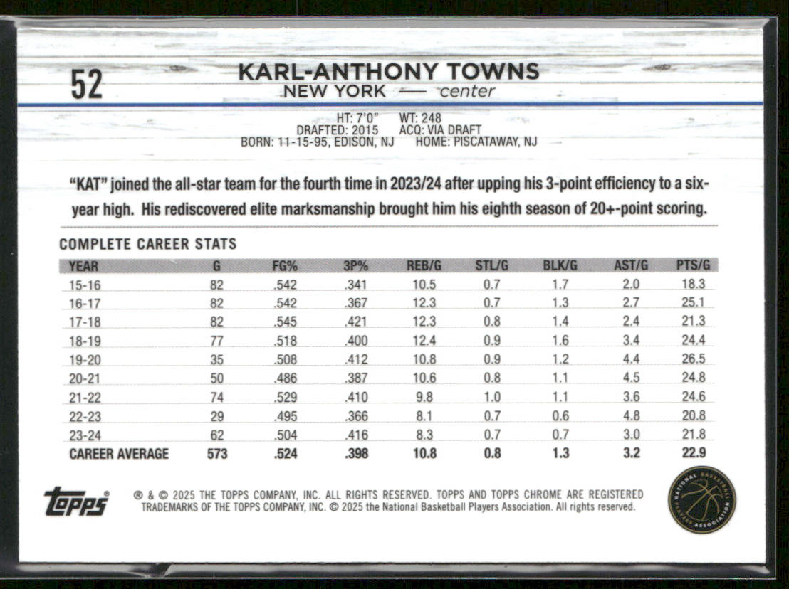 Karl-Anthony Towns 2024-25 Topps Chrome Pink Refractor #52 New York Knicks