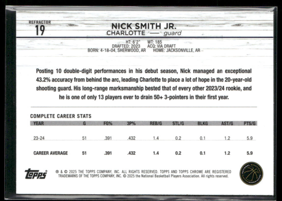 Nick Smith Jr. 2024-25 Topps Chrome Refractor #19 Charlotte Hornets