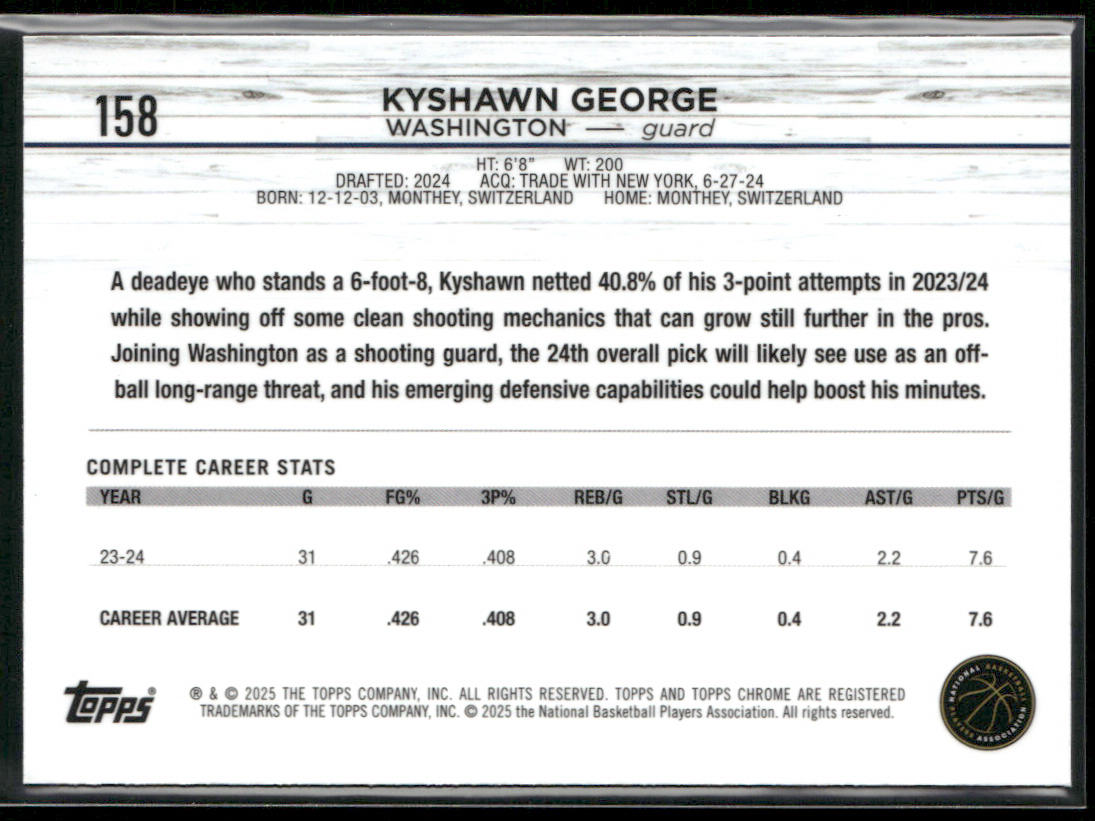 Kyshawn George 2024-25 Topps Chrome #158 RC Washington Wizards back