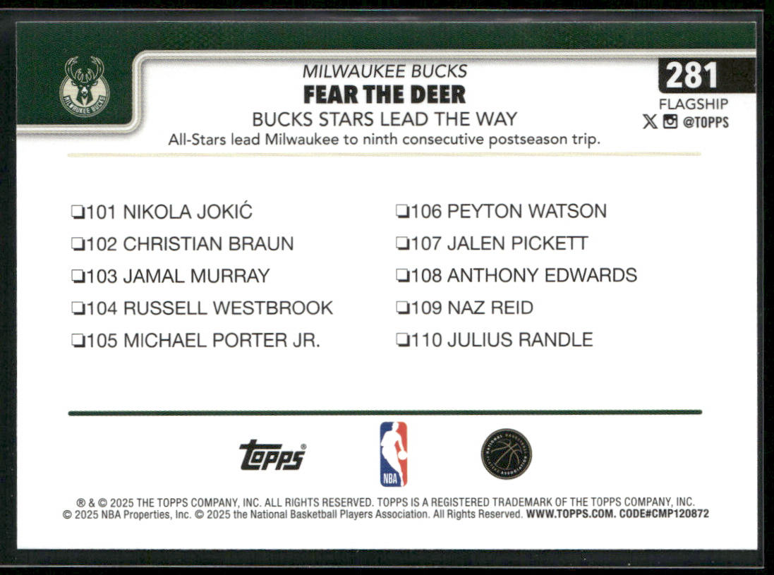 Fear the Deer: Bucks Stars Lead the Way 2025-26 Topps #281 Milwaukee Bucks back