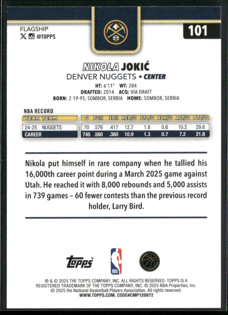 Nikola Jokić 2025-26 Topps #101 Denver Nuggets back