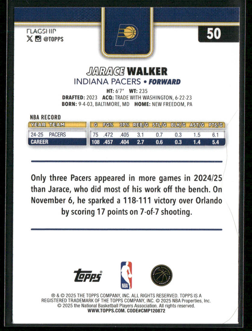 Jarace Walker 2025-26 Topps #50 Indiana Pacers back
