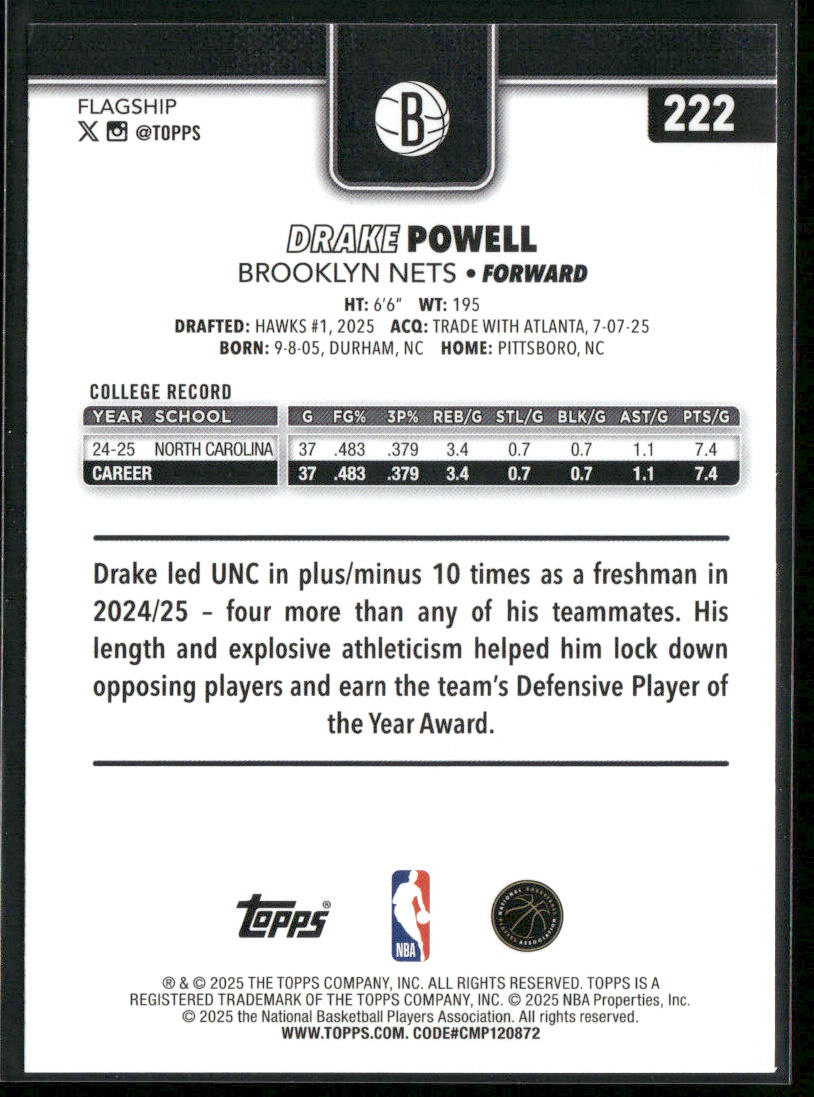 Drake Powell 2025-26 Topps #222 RC Brooklyn Nets back