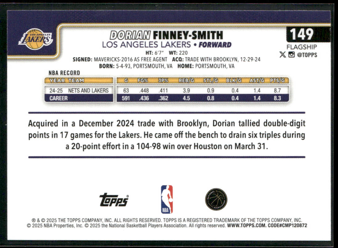 Dorian Finney-Smith 2025-26 Topps #149 Los Angeles Lakers back