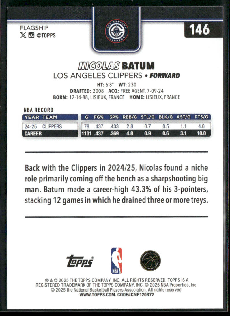 Nicolas Batum 2025-26 Topps #146 Los Angeles Clippers back