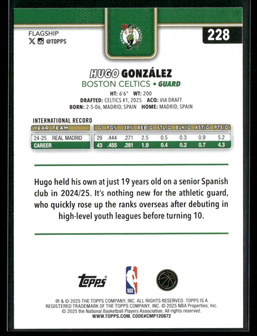 Hugo González 2025-26 Topps #228 RC Boston Celtics