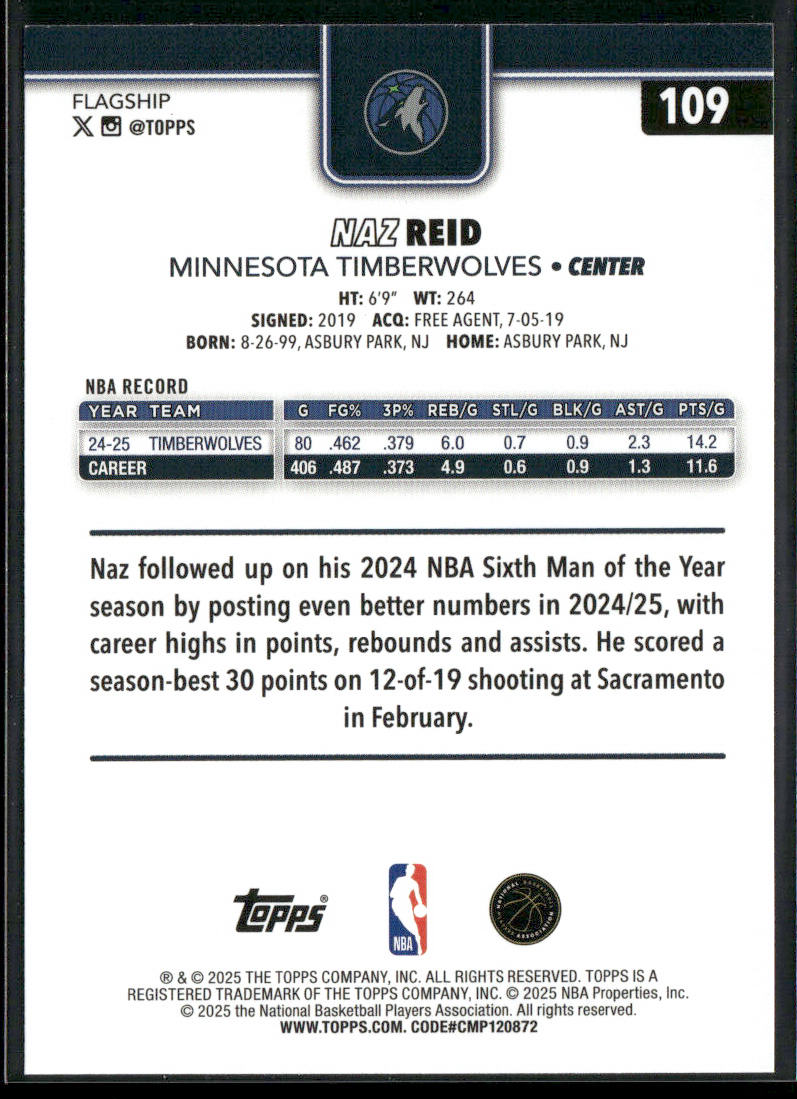 Naz Reid 2025-26 Topps #109 Minnesota Timberwolves back