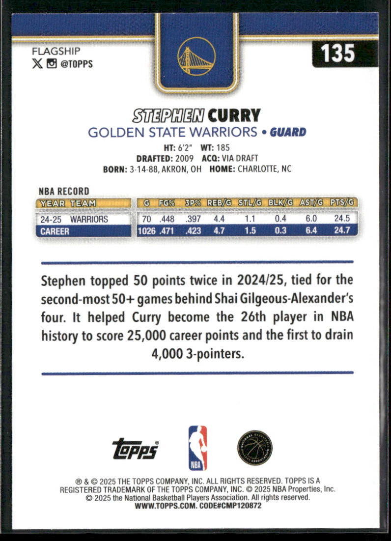 Stephen Curry 2025-26 Topps #135 Golden State Warriors back