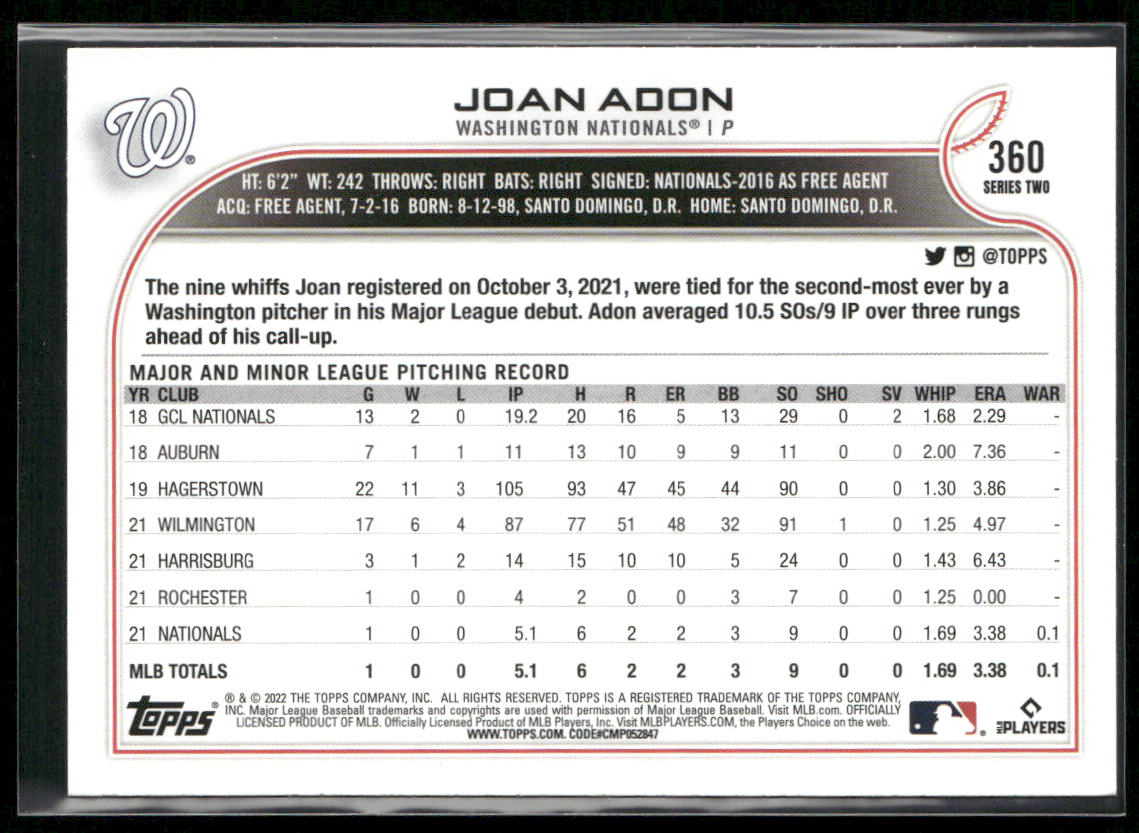 Joan Adon 2022 Topps #360b RC Washington Nationals