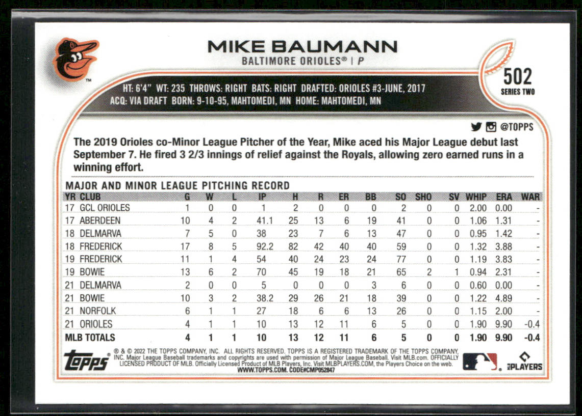 Mike Baumann 2022 Topps #502 RC Baltimore Orioles