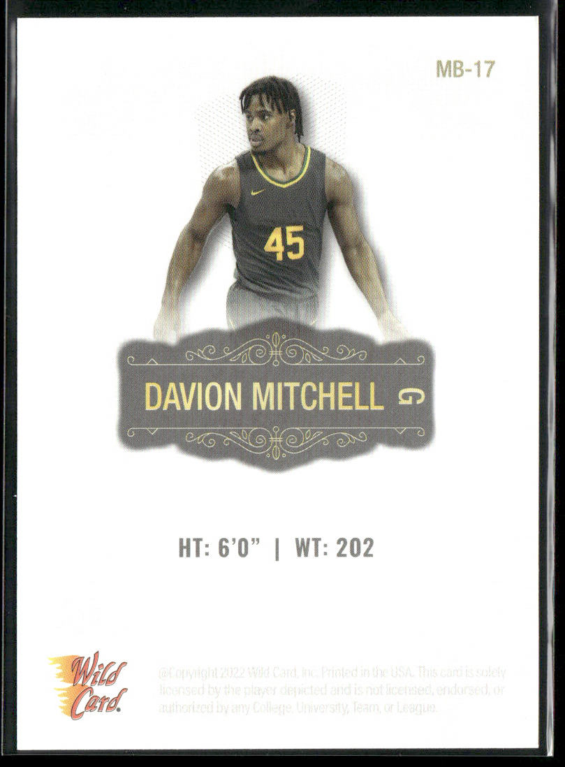 Davion Mitchell 2022 Wild Card Matte White #MB-17 Sacramento Kings back