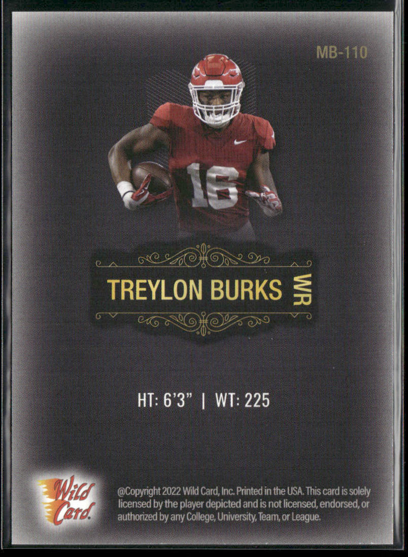 Treylon Burks 2022 Wild Card Matte Black #MB-110 Arkansas Razorbacks