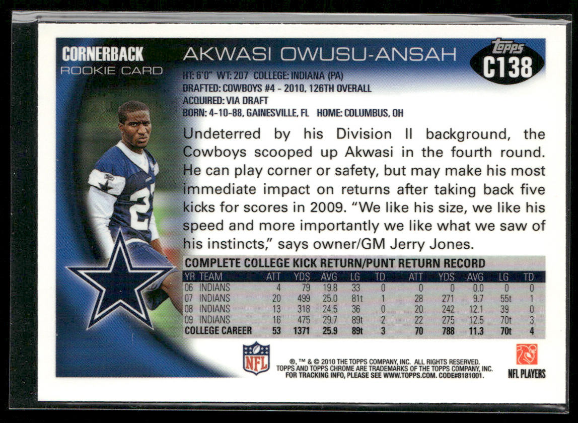 Akwasi Owusu-Ansah 2010 Topps Chrome #C138 RC Dallas Cowboys