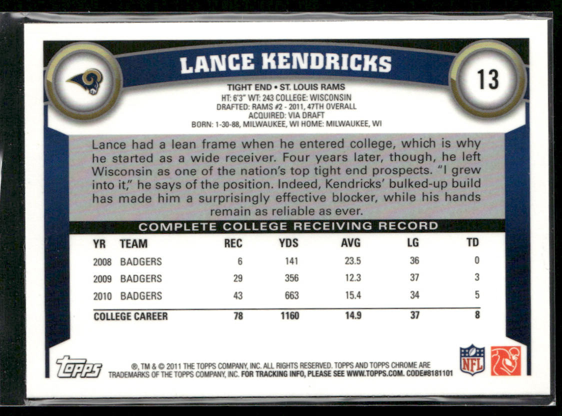 Lance Kendricks 2011 Topps Chrome #13 RC St. Louis Rams
