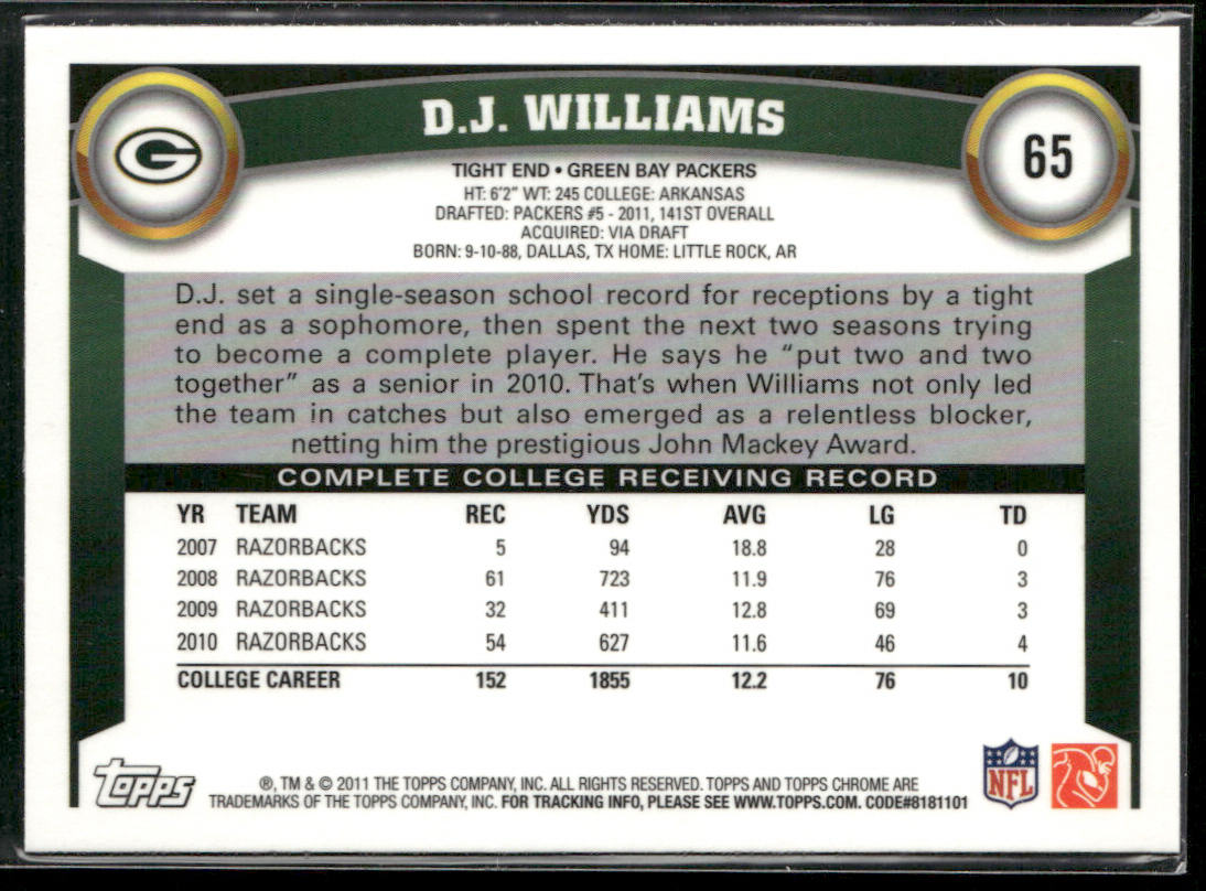 D.J. Williams 2011 Topps Chrome #65 RC Green Bay Packers