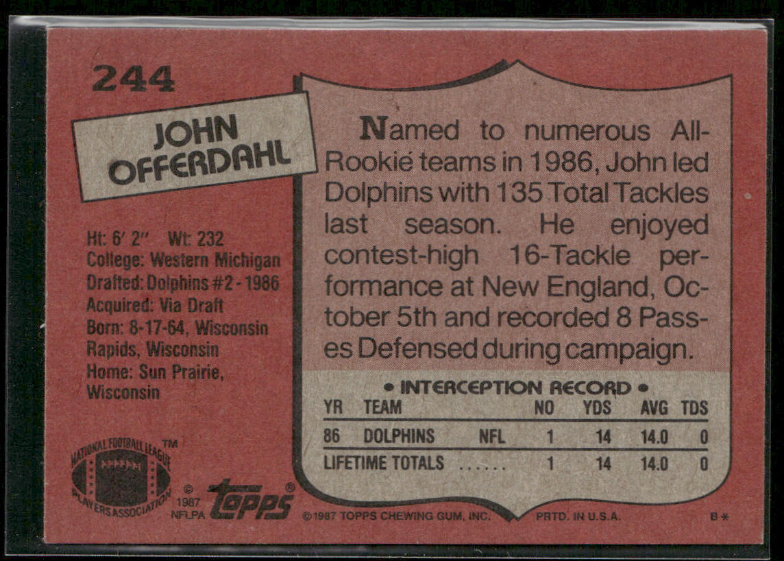 John Offerdahl 1987 Topps #244 RC Miami Dolphins