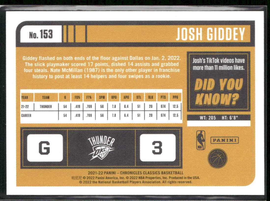 Josh Giddey 2021-22 Panini Chronicles #153 RC Oklahoma City Thunder