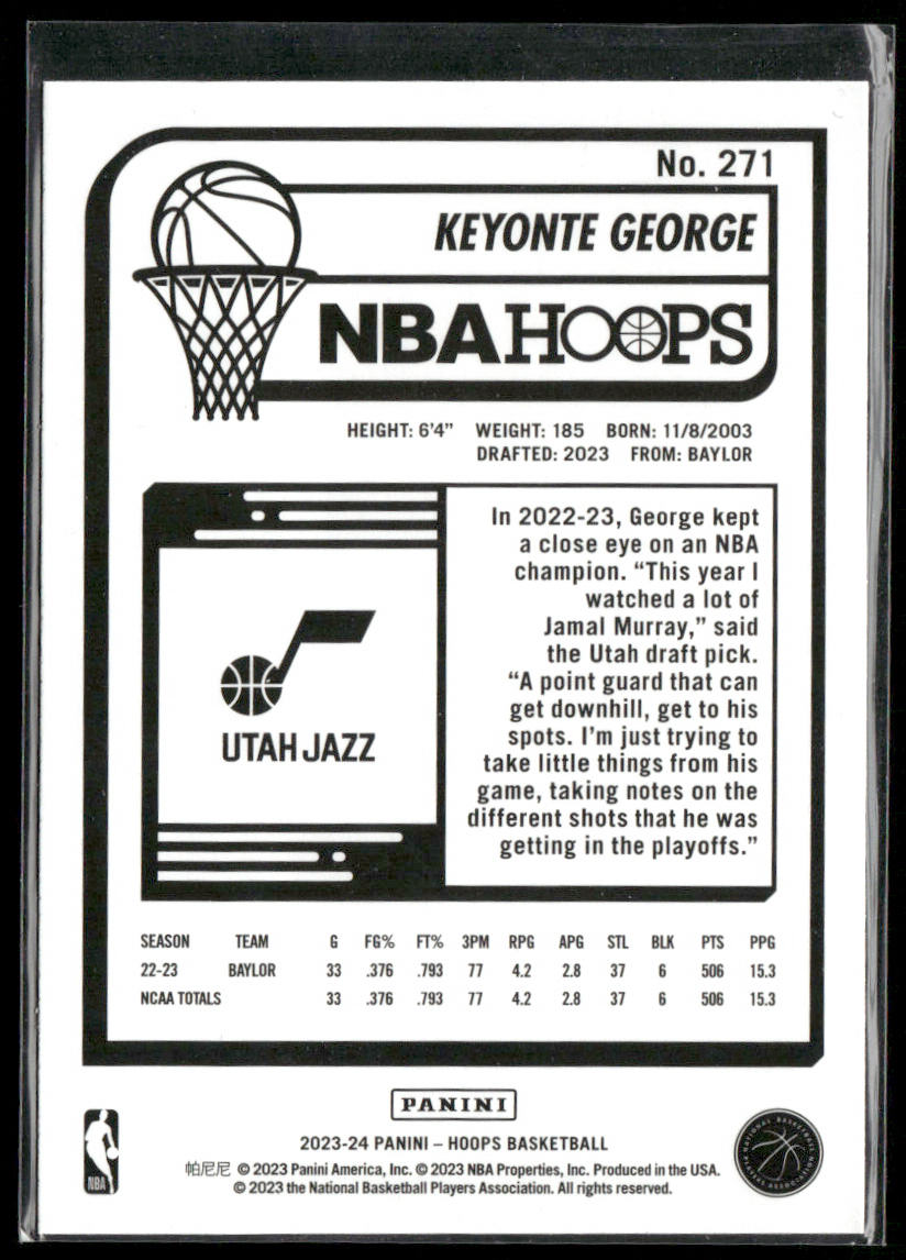 Keyonte George 2023-24 Hoops #271 RC Utah Jazz