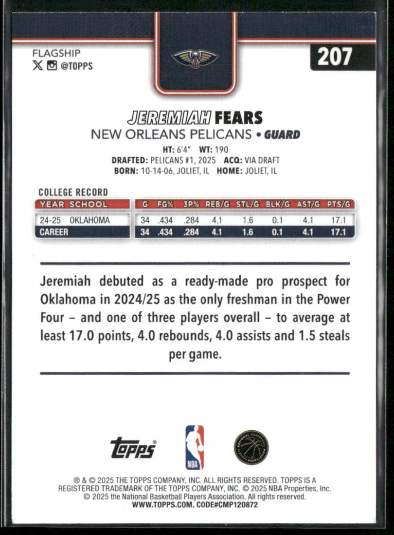 Jeremiah Fears 2025-26 Topps #207 RC New Orleans Pelicans back