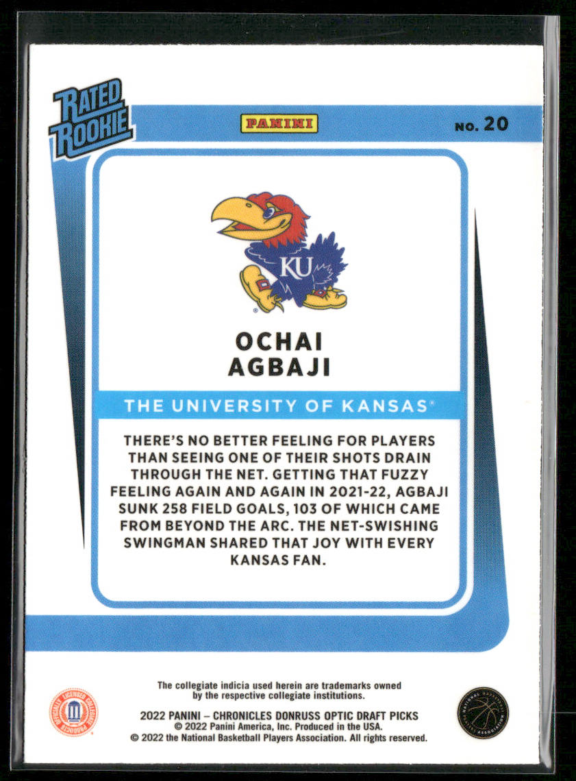 Ochai Agbaji 2022 Panini Chronicles Draft Picks Donruss Optic Rated Rookie #20 back