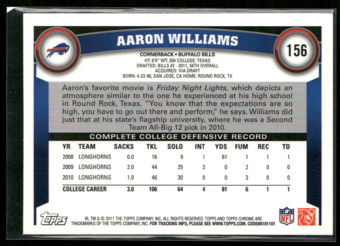Aaron Williams 2011 Topps Chrome #156 RC Buffalo Bills