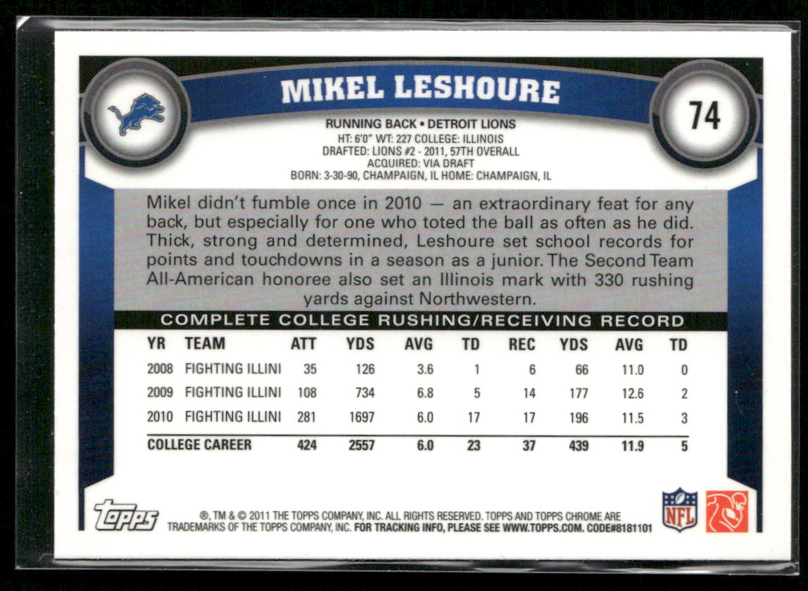 Mikel Leshoure 2011 Topps Chrome #74 RC Detroit Lions