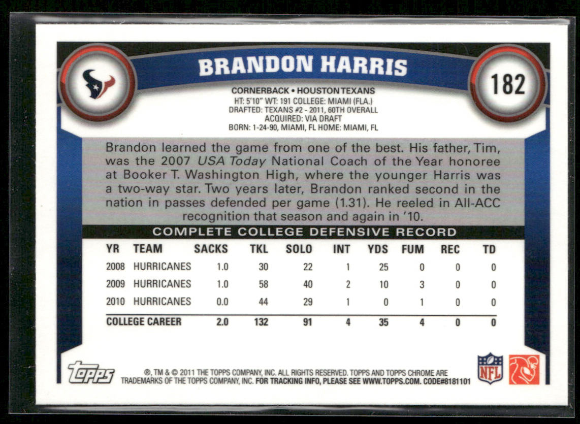 Brandon Harris 2011 Topps Chrome #182 RC Houston Texans