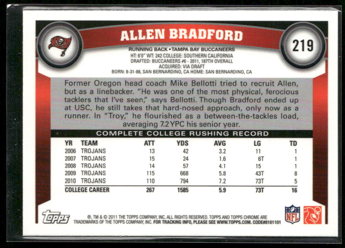 Allen Bradford 2011 Topps Chrome #219 RC Tampa Bay Buccaneers