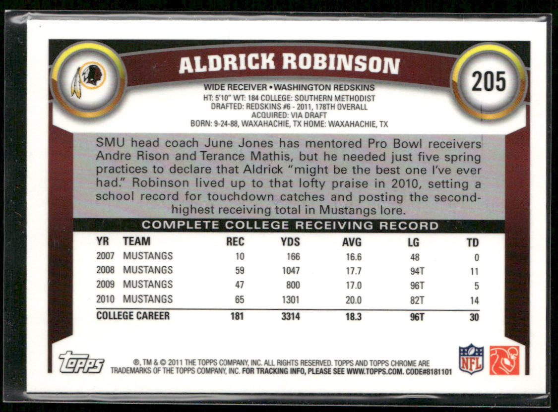 Aldrick Robinson 2011 Topps Chrome #205 RC Washington Redskins