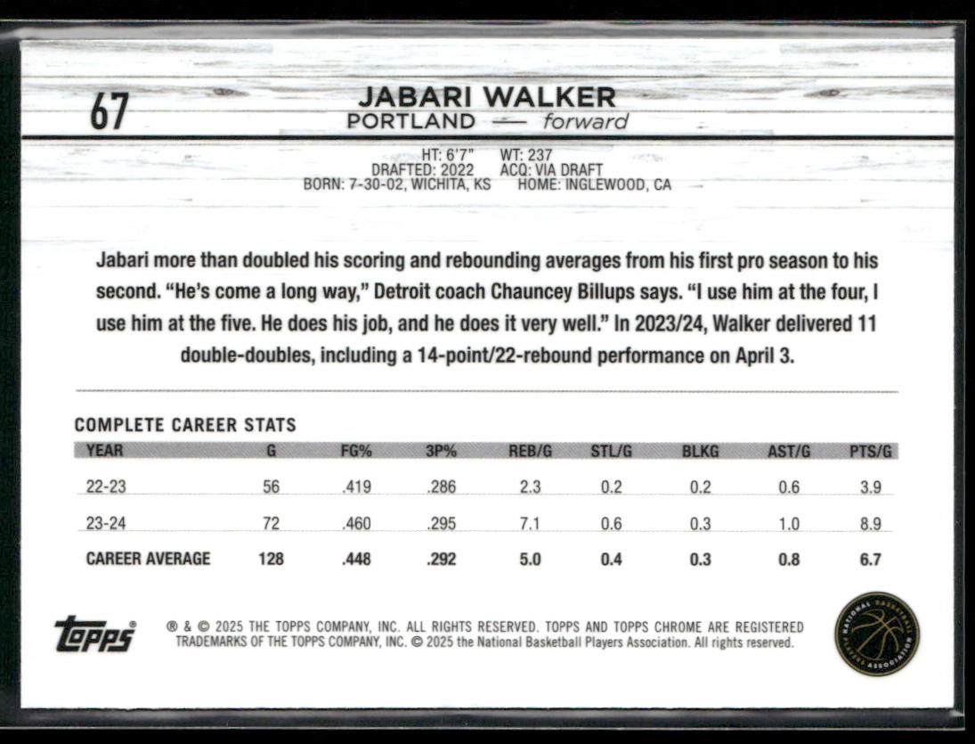 Jabari Walker 2024-25 Topps Chrome #67 Portland Trail Blazers back