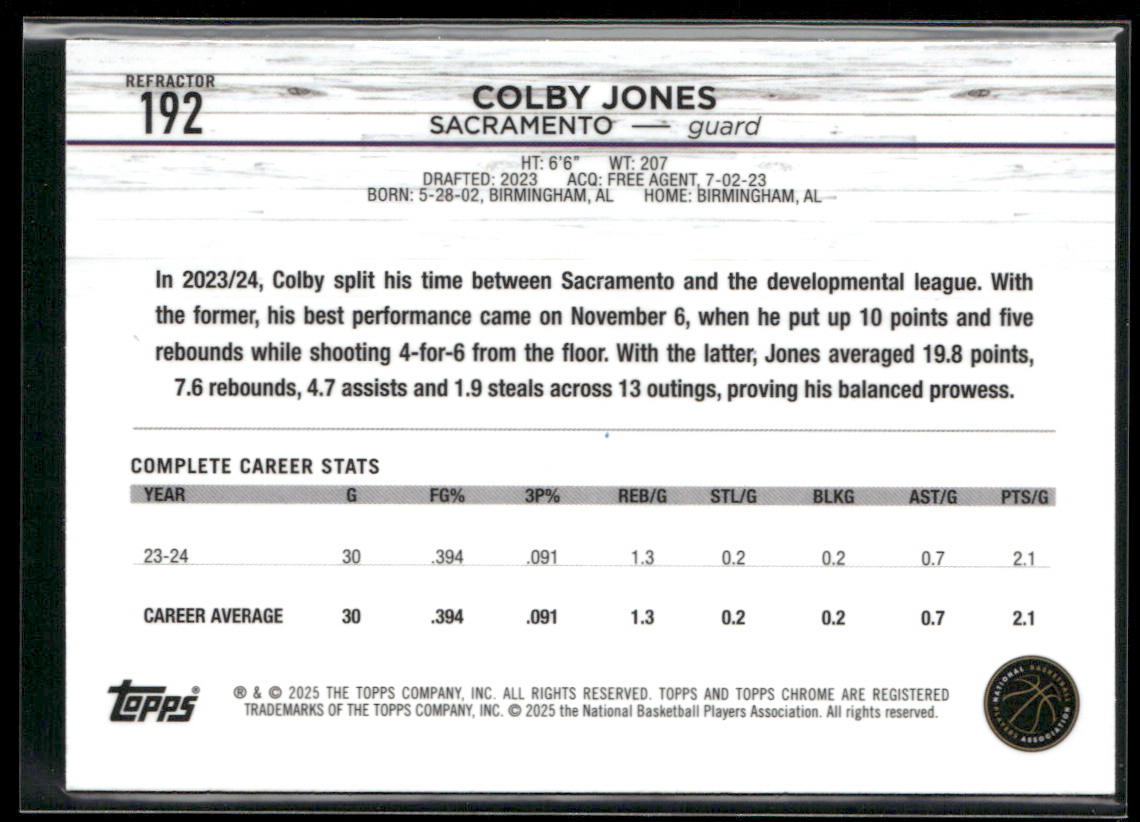 Colby Jones 2024-25 Topps Chrome Refractor #192 Sacramento Kings