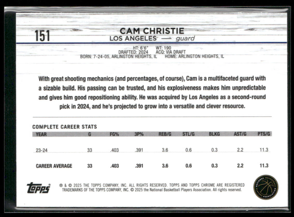 Cam Christie 2024-25 Topps Chrome #151 RC Los Angeles Clippers back