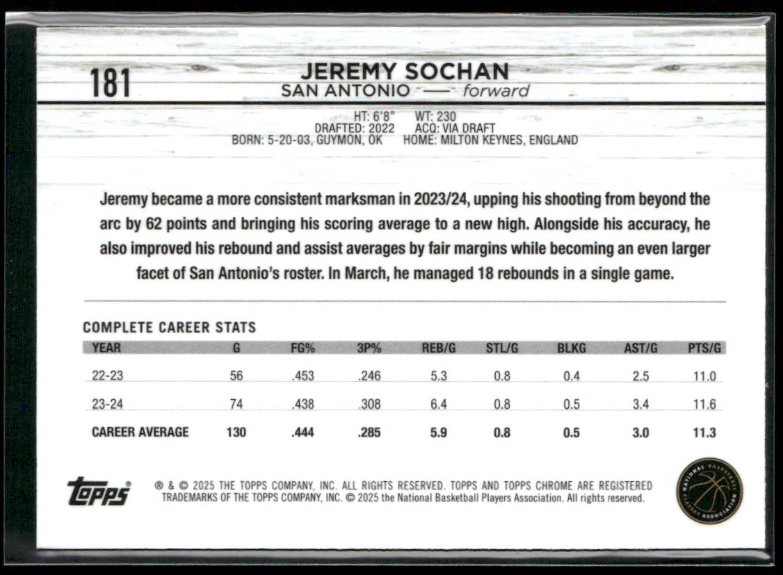 Jeremy Sochan 2024-25 Topps Chrome #181 San Antonio Spurs back
