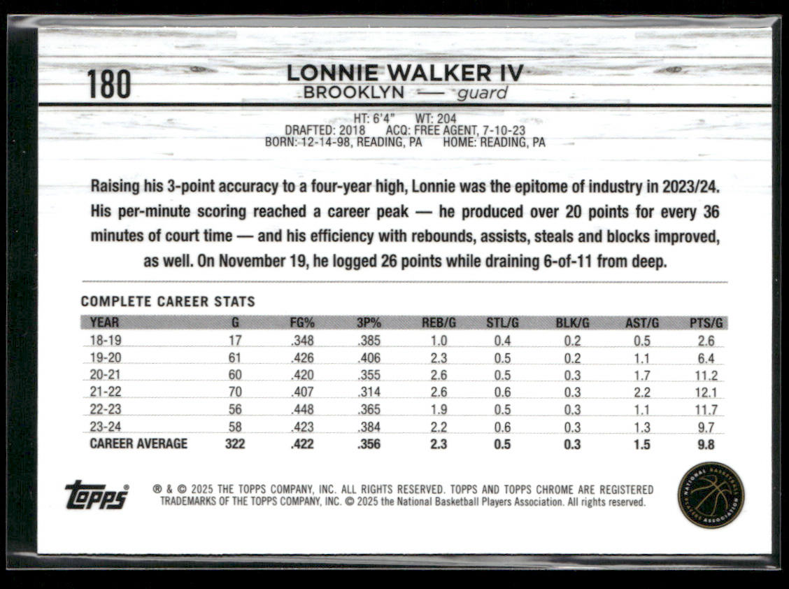 Lonnie Walker IV 2024-25 Topps Chrome #180 Brooklyn Nets back