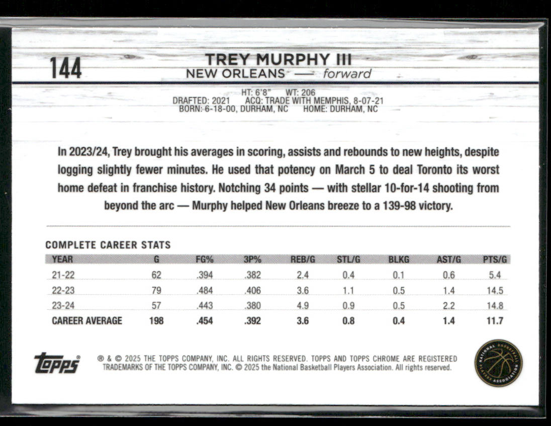 Trey Murphy III 2024-25 Topps Chrome Pink Refractor #144 New Orleans Pelicans