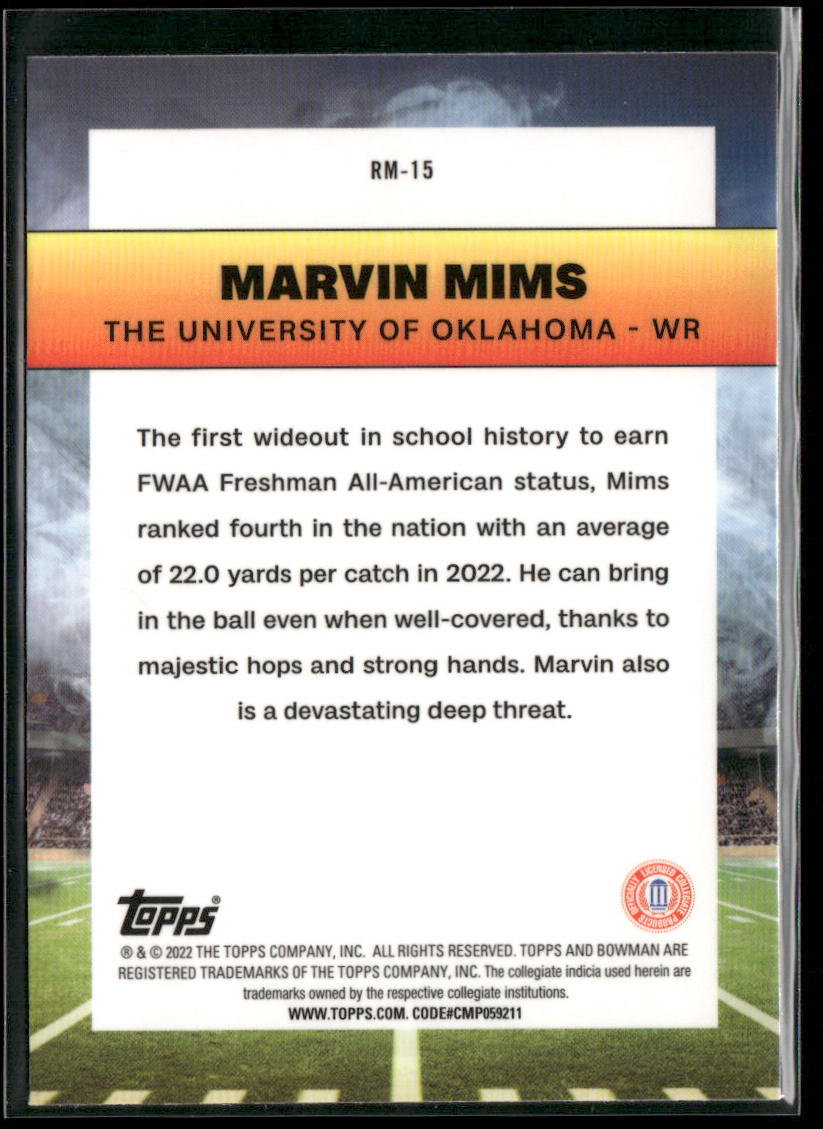 Marvin Mims 2022 Bowman University Chrome Ramblin' Man #RM-15 Oklahoma Sooners