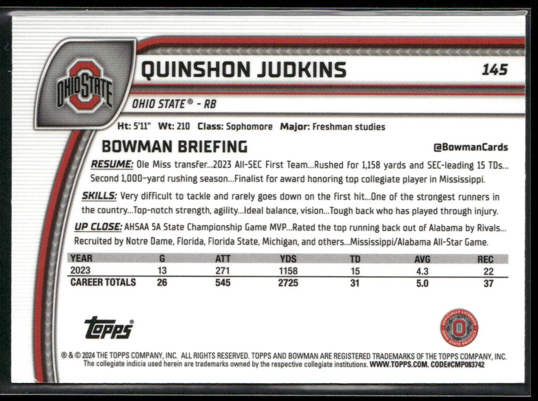 Quinshon Judkins 2024 Bowman University Chrome #145 Ohio State Buckeyes