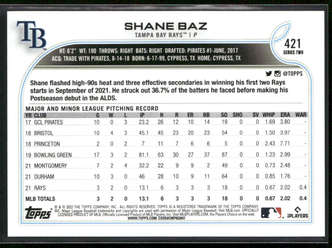 Shane Baz 2022 Topps #421 RC Tampa Bay Rays