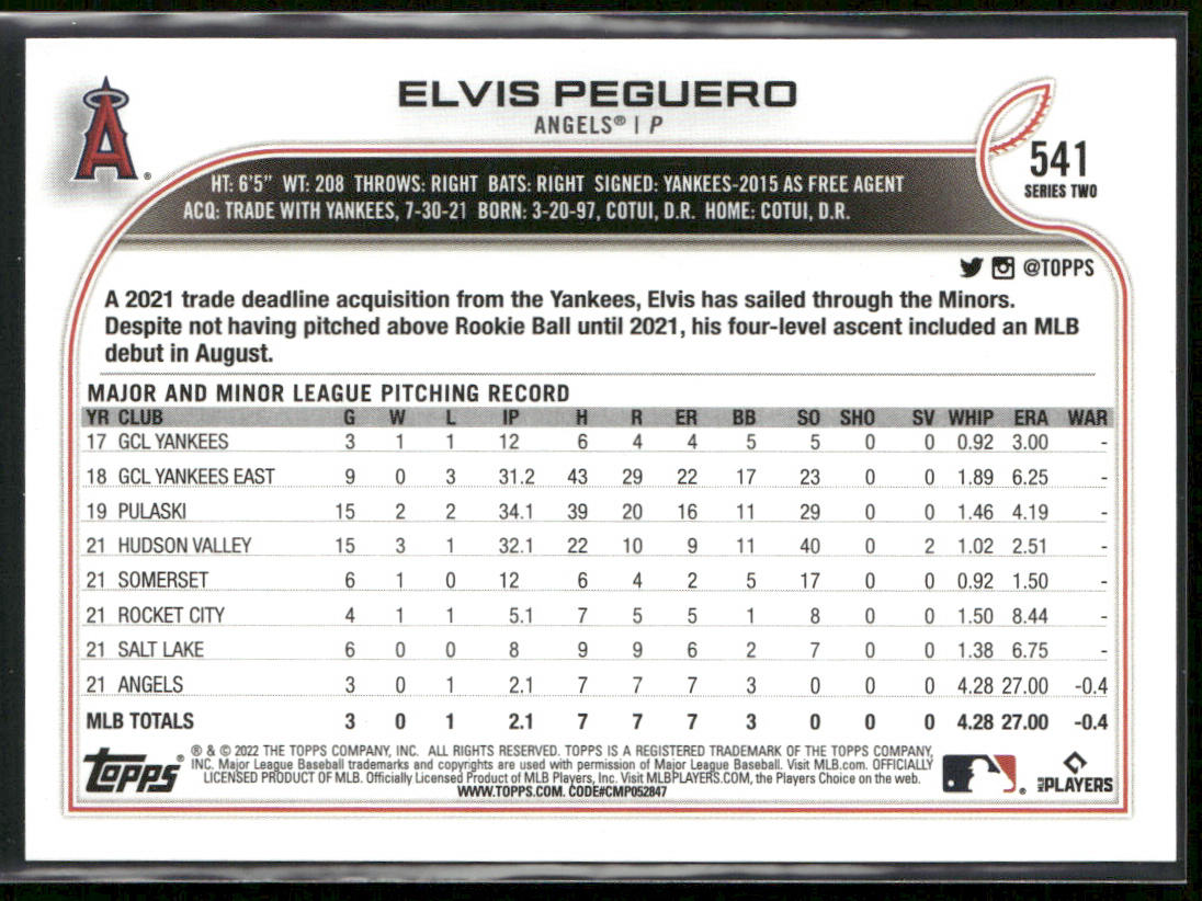 Elvis Peguero 2022 Topps #541 RC Los Angeles Angels