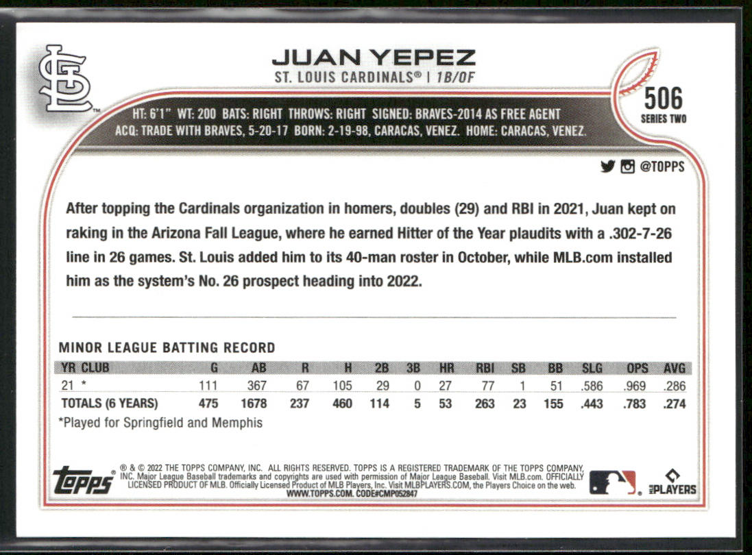 Juan Yepez 2022 Topps #506 RC St. Louis Cardinals