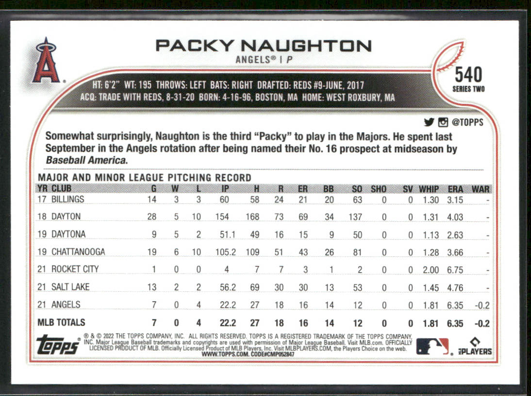 Packy Naughton 2022 Topps #540b RC Los Angeles Angels