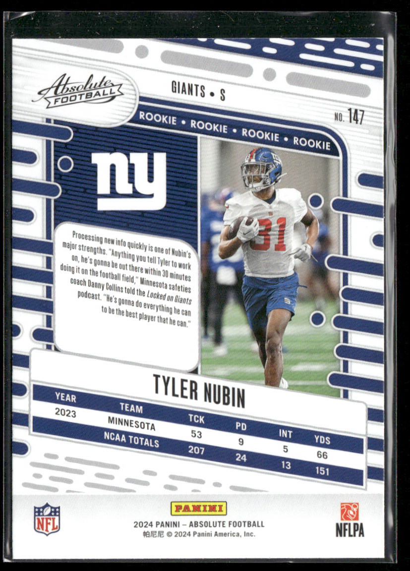 Tyler Nubin 2024 Panini Absolute Retail #147 RC New York Giants back