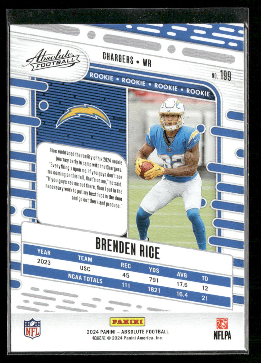 Brenden Rice 2024 Panini Absolute Retail #199 RC Los Angeles Chargers back