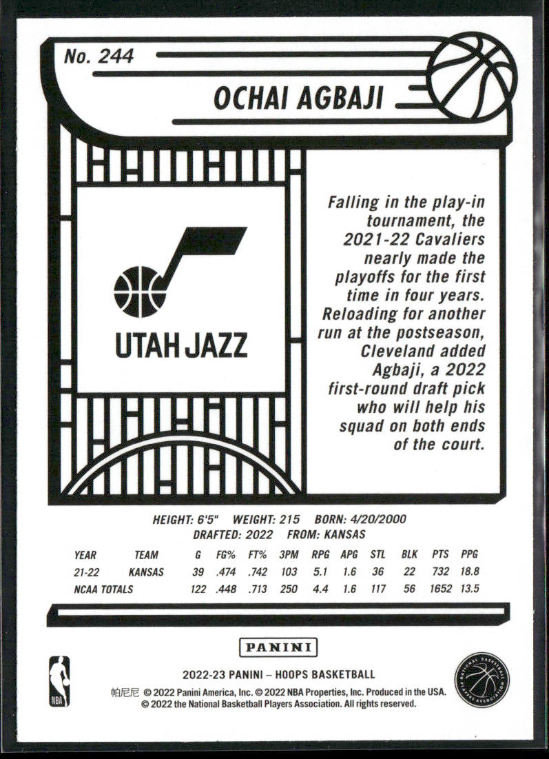 Ochai Agbaji 2022-23 Hoops #244 RC Utah Jazz