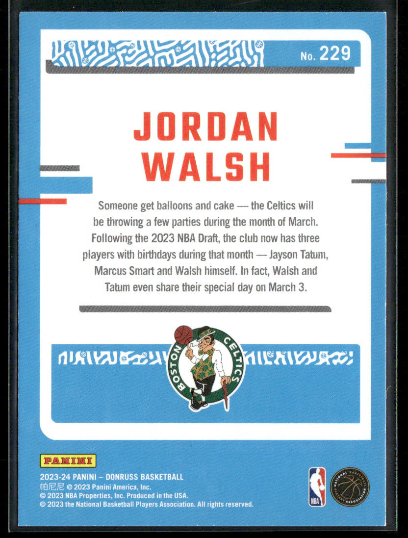 Jordan Walsh 2023-24 Donruss #229 RC Boston Celtics back